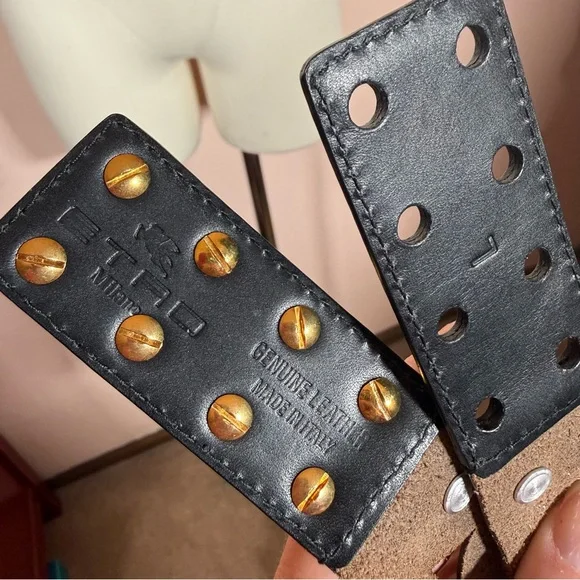 Etro Milano Brown Leather Metal Studded bikercore belt size 31 to 33